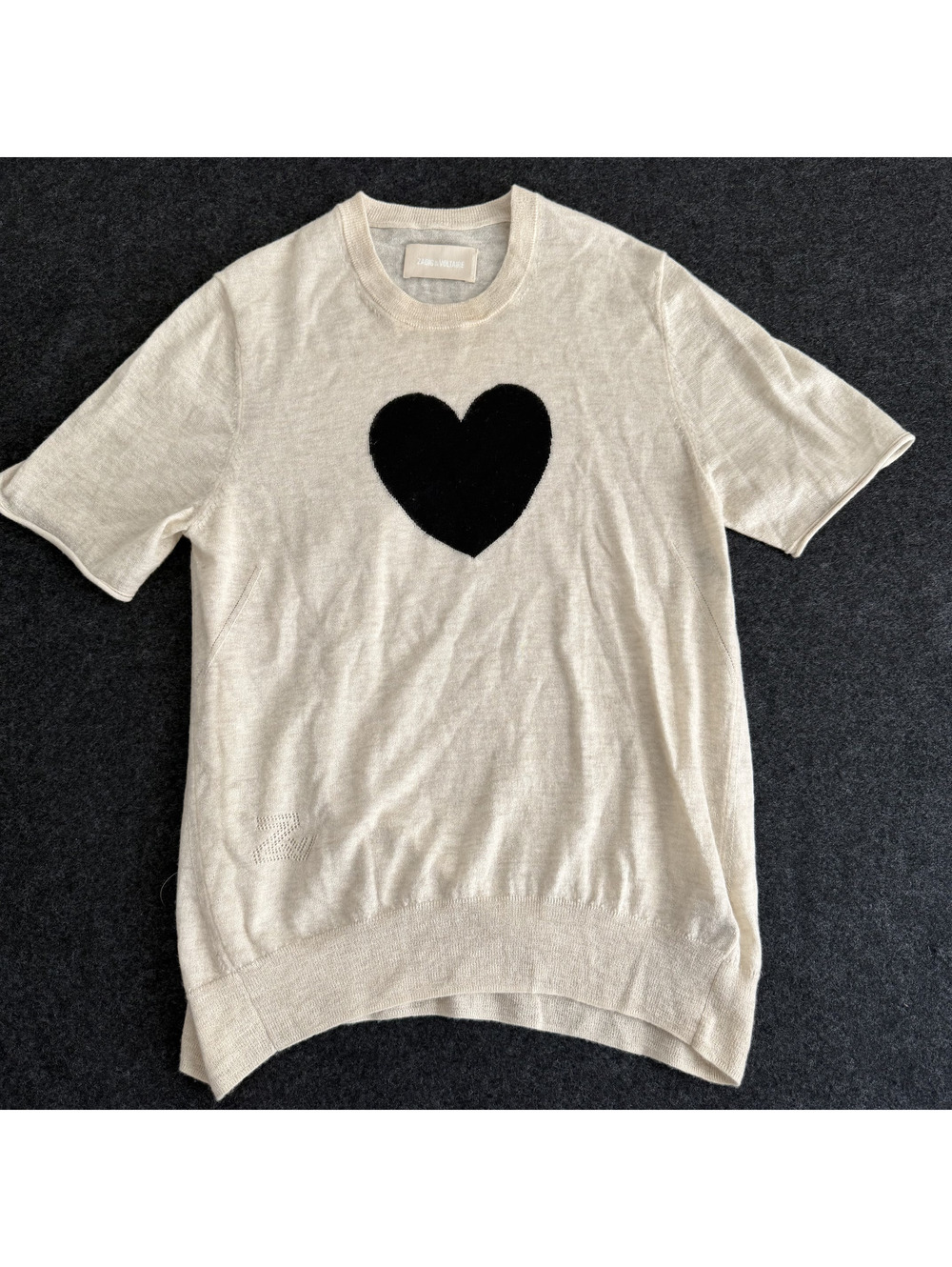 Zadig & Voltaire 100% Cashmere Short Sleeve Knit Top w/ Black Heart Size Small